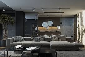Open space, white living room interior with a big rug on dark, hardwood floor and a beige corner sofa with cushions. Black And Grey Living Room Ideas Modern Home Interiors In Dark Tones Deavita