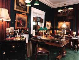 I Love The Lamp On The Left Side Of The Desk Here And How Wood Tones Play With The Green This Room Is Def Too Crowded Home Modern Home Office Gentlemans