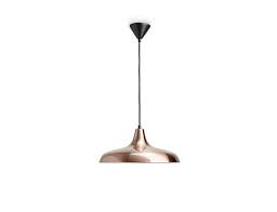 Art deco era streamline copper ceiling hanging pendant with large copper saucer shade connected to a hanging stem. Surrey Ceiling Pendant Light Light Copper Ip20 E27 Philips Myliving Balcan Lighting