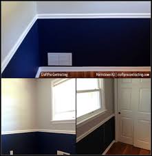 Two Tone Wall Paint Design Benjamin Moore S Van Deusen Blue Hc 152 In Aura Matte Under Silver Paint Color Wall Paint Designs House Design Paint Designs