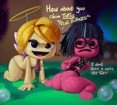 2girls anthro ass halo hexanne littlebigplanet purple hair sackboy sackgirl  text yellow hair 