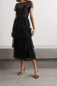 Black Tiered Glittered Tulle Midi Dress Marchesa Notte Net A Porter