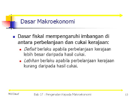 Dasar fiskal bertujuan mencapai tingkat guna tenaga penuh dan mengawal inflasi. Makroekonomi Pandangan Umum Bab 17 Chapter 4 Macroeconomics