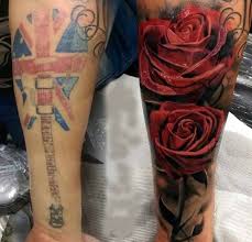 Men Lower Sleeve Cover Up With Realistic Red Rose And Amazing Flag Cover Up Tattoos Before And After Rose Tattoo Cover Up Cover Up Tattoos