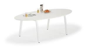 Shown with a plywood edge or can be finished in painted lacquer. White Oval Boardroom Table With White Angled Legs