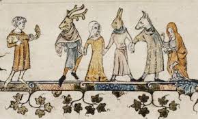 A Medieval Illustration Of A Musician And Five Costumed Actors Arte Medieval Produccion Artistica Historia Medieval