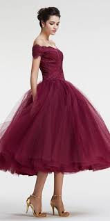 Burgundy Off The Shoulder Ball Gown Vintage Prom Dresses Tea Length Prom Dresses Vintage Tea Length Prom Dress Burgundy Prom Dress