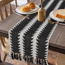 Amazon Com Moroccan Fringe Table Runner 14 In X 72 In Kimode Farmhouse Bohemian Geometric Black And Whit In 2020 Bohemian Geometric Boho Table Runner Minimalist Home