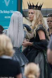 Charlize Theron And Emily Blunt Seen In Costume On The Huntsman Set Charlize Theron Long Blonde Wig Ice Queen