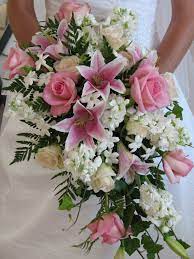 Maybe you would like to learn more about one of these? Traditional Cascading Bouquet Of Pink Stargazer Lily Pink Sofie Rose White Stock Stephanotis Flower Bouquet Wedding Wedding Flowers Elegant Bridal Bouquets