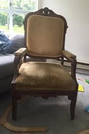 Old dining chair with padded seat, back and arm rests. How To Reupholster A Dining Chair Seat Back Upcycle My Stuff
