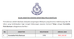 April 24, 2020 at 1:07 pm. Jawatan Kosong Konstable Polis Bantuan Kelayakan Spm Ejawatankini Com
