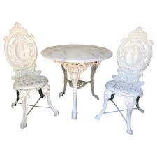 Twisted iron console base w/ custom wood top $699.00: English Victorian White Cast Iron Table With Chairs And Marble Top At 1stdibs