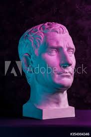 Statue of Guy Julius Caesar Octavian Augustus. Creative concept colorful  neon image with ancient roman sculpture Guy Julius Caesar Octavian Augustus  head. Cyberpunk, vaporwave and surreal art style.