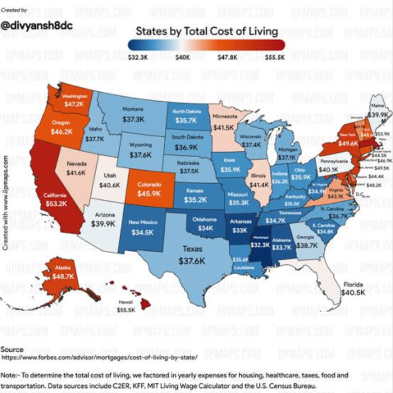 Estados Unidos por Ingreso Disponible Total y Costo de Vida Total (2023) : r/MapPorn