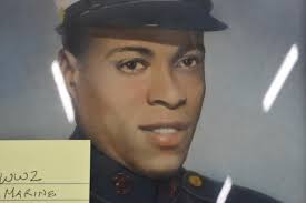 Framed Photograph of Leon King USMC. Leon King was a Black U.S. Marine.  Photo’d in Dress Blues w his Ribbons including a Purple Heart. The photo is  in ...