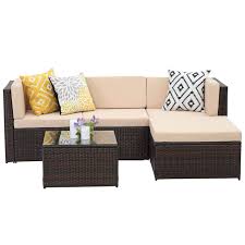 Wisteria Lane Outdoor Sectional Patio Furniture 5 Piece Wicker Rattan Sofa Couch With Ottoma Conversation Set Brown Wicker Beige Cushions Lavorist Sectional Patio Furniture Outdoor Patio Furniture Sets Patio Furniture Sets