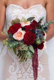 Off the shoulder satin ball gown wedding dress. Diy Wedding Flowers Ruby Burgundy Peony Bouquets Kukka Flowers