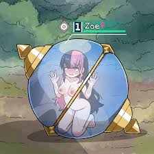 ink (inksgirls), zoe rayne, palworld, commentary, english commentary,  1girl, against glass, black hair, blush, bush, character name, completely  nude, gameplay mechanics, hand on glass, long hair, mini person, minigirl,  multicolored hair, nipples,