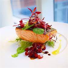 New Recipe On Cookniche Com Herb Salmon Pomegranate Gastrique And Wasabi Pea Puree By Gayleq Would Y Fine Dining Recipes Food Presentation Food Photography
