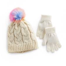 Black Beanie With Pom Pom Kmart Girls 4 16 So Metallic Cable Knit Hat With Rainbow Faux Fur Pom Pom Top Gloves Set With Images Faux Fur Pom Pom Cable Knit Hat Fur Pom Pom