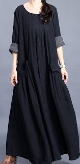 Bohemian O Neck Pockets Cotton Linen Spring Dress Work Black Dresses In 2020 Long Sleeve Cotton Dress Casual Cotton Dress Dresses For Work