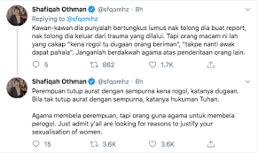 Aug 04, 2011 · selangkah seorang isteri keluar rumah tanpa menutup aurat, maka selangkah juga suaminya itu hampir ke neraka. akibat tidak menutup aurat, dosa wanita buka aurat 2kali ganda bebanding lelaki yang tengok 1 kali ganda…. Kalau Perempuan Tutup Aurat Tapi Dirogol Dia Dapat Pahala Kenyataan Individu Dibidas Netizen