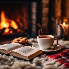 Камин уют плед книга пушистый ковер сувенир чашка чай печенье» — картинка  создана в Шедевруме