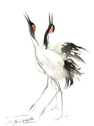 Artwork Japanese Art Black And White Japaneese Crane Two Cranes Original Watercolor Minimalist Painting Black White Red Japanese Painting Minimalist Painting Bird Art