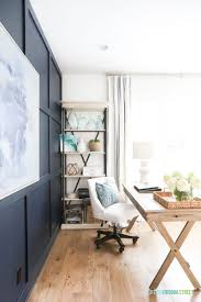 Home Office With Benjamin Moore Hale Navy Board And Batten Wall Simply White Walls Navy Blue And White Abst Home Office Design Home White Oak Hardwood Floors