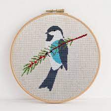Using shades of royal blue and pale orange to create depth and detail, this geometric bird cross stitch pattern will look striking on any home accessory. Winter Bird Cross Stitch Pattern Stitched Modern
