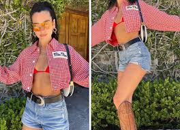 Over the past couple of years, lipa has not only given us a series of. Dua Lipa Enjoys Her Cowboy Moment In Red Bikini Top Checkered Miu Miu Shirt Denim Shorts And Burberry Bag Bollywood News Bollywood Hungama