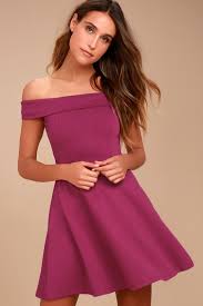 Season Of Fun Magenta Off The Shoulder Skater Dress Satin Skater Dress Skater Dress Dresses