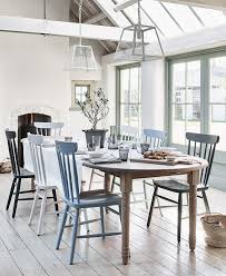 Choosing the right dining room chairs can go a long way towards your goal. Mismatched Dining Chairs Painted In Flax Blue Paint By Neptune The Colour Of Flax Fl Painted Chairs Dining Room Painted Dining Chairs Mismatched Dining Chairs