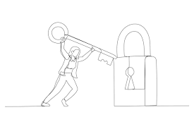 Карикатура на умную деловую женщину, держащую большой ключ, чтобы разблокировать блокнот метафора для решения проблем и доступности бизнеса непрерывное линейное искусство | Премиум векторы