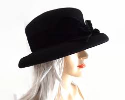 Laura Ashley Black Wool Hat With Rolled Under Brim And Black Velvet Ribbon Band And Bow 1990s Black Wool Hat Ashley Black Black Wool