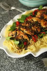 Chicken Greens And Roasted Red Peppers With Lemon Butter Caper Sauce Over Angel Hair Pasta Sarah S Cucina Bella