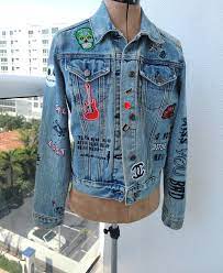 Denim Jacket With Patches In Front Back And Sleeves Skull Guitar Chanel Rose Dice Ny Cali Patches Jackets Denim Jean Jacket Patches