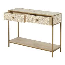 Golden Metal And Carved Solid Mango Wood 2 Drawer Console Table Calista Maisons Du Monde 573 Uk Pounds In 2020 Solid Mango Wood Mango Wood Console Table