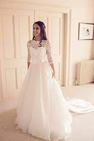 See Through Neckline Lace Ivory Wedding Dresses 3 4 Sleeves Lace Wedding Dress With Sleeves Modest Bridal Gowns Lace Dress With Sleeves