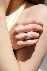 Contemporary Blue Topaz and Seed Pearl Ring 9 Carat Yellow Gold
