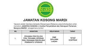 Check spelling or type a new query. Institut Penyelidikan Dan Kemajuan Pertanian Malaysia Mardi Permohonan Jawatan Dibuka Jobcari Com Jawatan Kosong Terkini