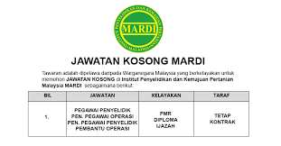 Berikut adalah merupakan kekosongan jawatan terkini oleh pihak majikan yang dibuka untuk permohonan: Institut Penyelidikan Dan Kemajuan Pertanian Malaysia Mardi Permohonan Jawatan Dibuka Jobcari Com Jawatan Kosong Terkini
