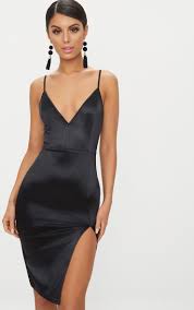 Black Satin Extreme Split Plunge Midi Dress Plunge Midi Dress Fashion Black Satin Dress
