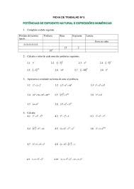 Calcule O Valor Numérico Das Seguintes Expressões Algébricas Ficha De Trabalho Nº 5 Potencias De Expoente Natural E Expressoes Numericas 1 Completa A Tabe Expressoes Numericas Fichas De Trabalho Vocabulario Espanhol
