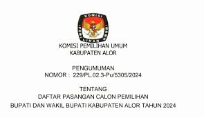Pengumuman KPU Kabupaten Alor Nomor: 229/PL.02.3-Pu/5305/2024 Tentang  Daftar Pasangan Calon Pemilihan Bupati dan Wakil Bupati Kabupaten Alor  Tahun 2024