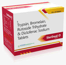 The dosage used for oral enzymes was rutoside trihydrate 100 mg, bromelain 90 mg, trypsin 48 mg, which is an acceptable dosage and was used as enteric coated tablets. Trypsin Bromelain Rutoside Dicofenac St Steris Healthcare Pvt Ltd