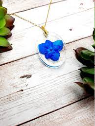 Artistic Blue Flower Necklace Gold Chain Necklace Blue Pressed Flower Pendant Gold Chain Necklace Flower Necklace Gold Handmade Necklaces