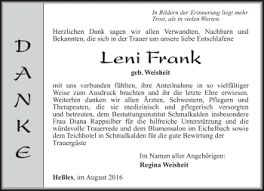 Traueranzeige Leni Frank Traueranzeigen Trauer Danksagungen Trauer
