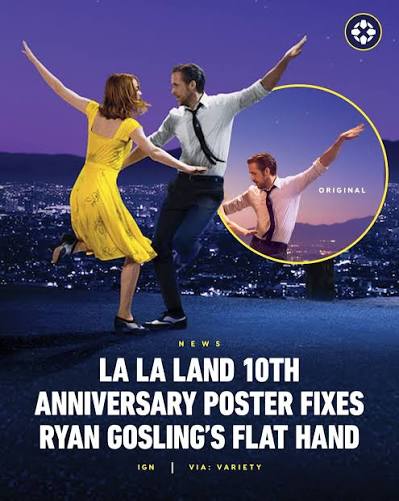 After a decade of Ryan Gosling being haunted by his hand placement in the  poster for La La Land, the film's 10th Anniversary artwork finally lets him  off the hook. Link in
